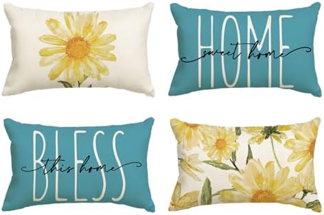 AVOIN colorlife Home Sweet Home Spring Summer Flowers Yellow Throw Pillow Covers, 12 x 20 Inch Blue Cushion Case for Sofa Couch Set of 4 by AVOINcolorlife