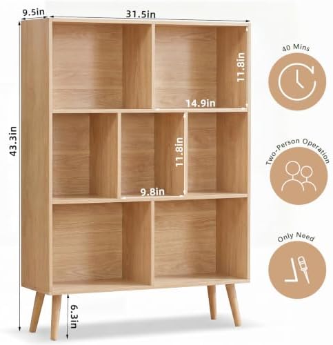 YAHARBO Natural Bookshelf,3 Tier Book Shelf with Legs, 7 Cube Minimalist Bookcase,Storage Organizer Shelves Display Bookcases for Bedroom,Living Room - Image 2