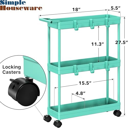 Simple Houseware 3-Tier Slim Rolling Cart w/Handle 5.5" Wx27.5 H, Turquoise - Image 3
