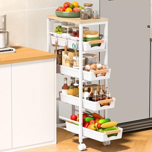 SUNALLY Slim Storage Cart with Wheels, Narrow Kitchen Rolling Cart, White by SUNALLY