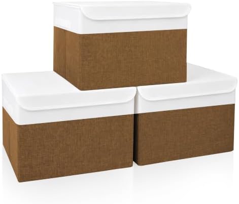 Large 17" 42 Quarts Collapsible Stackable Storage Bins with Lids [3-Pack] Foldable Fabric Linen Storage Boxes Cube, Closet Organizer Baskets with Label for Home (16.7 x 12 x 12", Brown & White) by Bagnizer