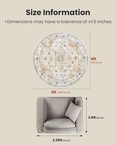 AMADA HOMEFURNISHING Round 4ft Area Rugs, Low-Profile Washable Rug with Non-Slip Backing & Durable Edge Binding, Vintage Rugs for Living Room, Bedroom, Dinning Room - Image 2