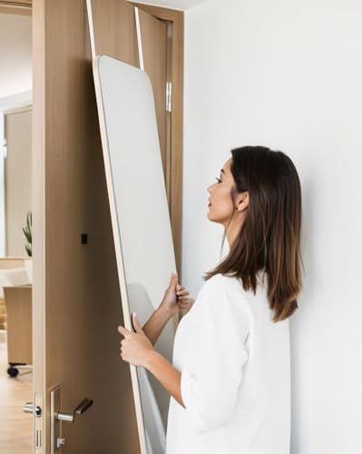DMWOODFL 48"x14" Rounded Rectangle Over The Door Mirror - Full Length Tempered Glass & Aluminum Frame, No Drill Installation for Bedroom, Bathroom, Closet, Entryway (Silver White) - Image 5