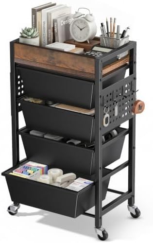 5 Tier Rolling Cart with Drawers, Plastic Drawer Storage Craft Cart with Pegboards & Hooks, Metal Utility Cart with Wheels & Wooden Tabletop, Classroom Office Art Supply Organizers and Storage, Black by TimeForest