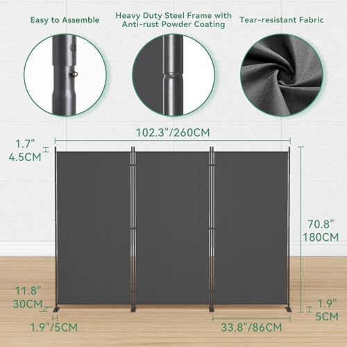 Helios&Hestia 3-Panel 6 ft Tall Indoor Folding Room Divider, Portable Privacy Screen, Freestanding Partition Separator, Temporary Wall Separation for Bedroom, Office, 102" W X 71" H, Dark Grey - Image 5