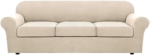 H.VERSAILTEX 4 Piece Stretch Sofa Covers for 3 Cushion Couch Covers Furniture Slipcovers for Living Room (1 Base Cover Plus 3 Seat Cushion Covers) Thicker Jacquard Fabric Cover (XL Sofa, Natural) by HVERSAILTEX