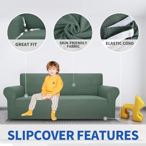 MAXIJIN Super Stretch Couch Cover for 3 Cushion Couch, 1-Piece Universal Sofa Covers Living Room Jacquard Spandex Furniture Protector Dogs Pet Friendly Fitted (Large, Pea Green) - Image 3