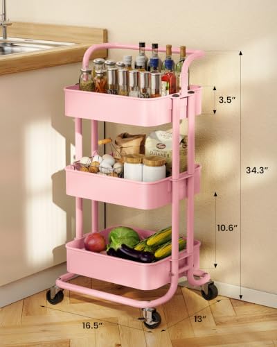 Pipishell Metal 3 Tier Rolling Cart with Handle & 2 Lockable Wheels, Pink - Image 3