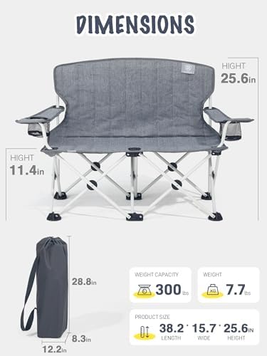 EVER ADVANCED Kids Double Camping Chair with Cupholders Safety Lock, Padded Kids Folding Chair Outdoor with Mesh Pocket, Lightweight Portable Two Person Loveseat for Beach, Supports 300lbs, Grey - Image 3