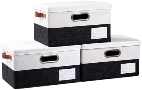 PRANDOM Storage Bins with Lids [3-Pack] Linen Fabric Foldable Storage Boxes Organizer Containers Baskets Cube with Cover for Bedroom Closet Office Black & White（11.4X8.6X6.7 by Prandom