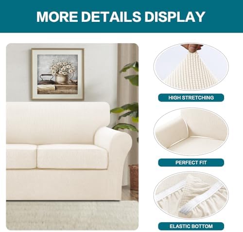 Turquoize 4 Piece Sofa Covers for 3 Cushion Couch Sofa Slipcover Soft Couch Cover for Dogs-Washable Furniture Cover with 3 Individual Covers (3 Cushion Sofa, Cream) - Image 4