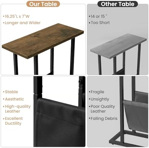 Acovy Narrow Side Table for Small Place,Metal Table with PU Leather Bag,Slim Nightstand for Reading Or Storage,Sofa Side Table for Living Room,Bedroom,Brown - Image 4