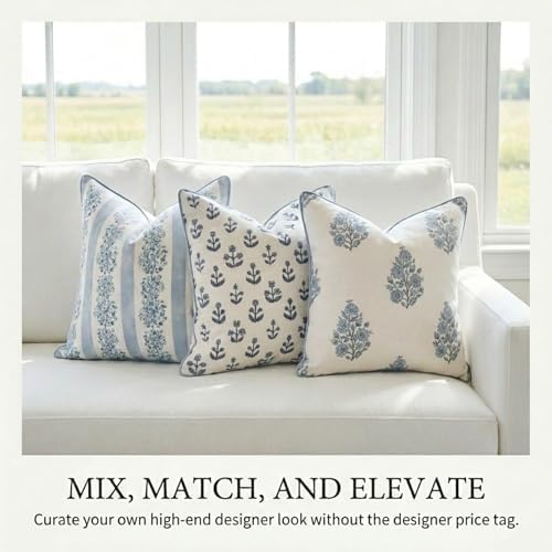 Jillien Harbor “The Juliet” Floral Block Print Pillow Cover – Soft Blue and Off-White Decorative Throw Pillow Cover – Grandmillennial Home Decor, 20" x 20" - Image 4