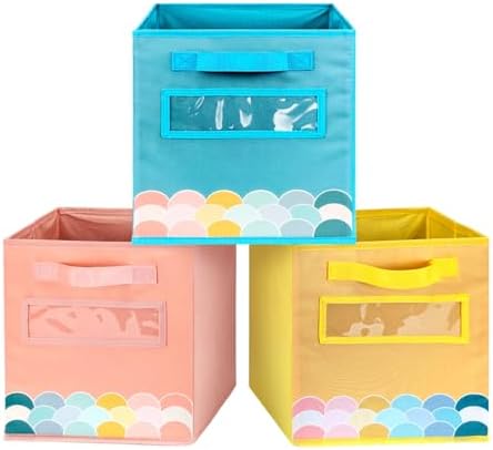 Cube Storage Bins, 3 Pack 11 Inch Fabric Storage Bins with Handle and Label Window, Foldable Storage Cubes, Colorful Fabric Bins for Kids Room, Classroom Organization and Storage, Clothes, Toys by ABCKEY