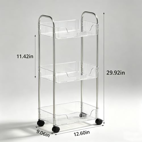 3 Tier Storage Organizer Rolling Utility Cart with Clear Baskets & Wheels - Image 4