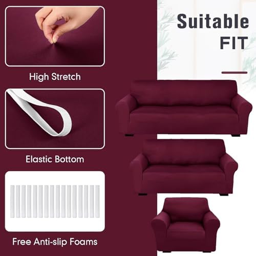 Peryiter 3 Pcs Couch and Loveseat Sofa Covers,Burgundy,Milk Silk - Image 5