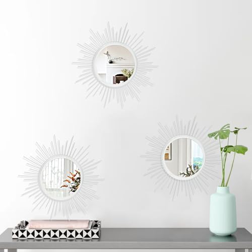 Mirror Wall Decor White Mirrors for Wall Metal Sunburst Mirrors Home Decoration Wall Art Decorative Mirror Suitable for Living Room Bedroom Bathroom Entrance Set of 3 12'' - Image 2