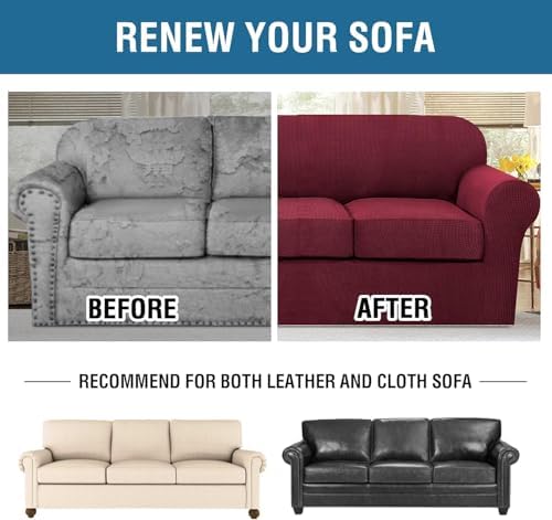 H.VERSAILTEX 4 Piece Stretch Sofa Covers for 3 Cushion Couch Covers for Living Room Furniture Slipcovers (Base Cover Plus 3 Seat Cushion Covers) Thicker Jacquard Fabric (Large Sofa, Burgundy) - Image 7
