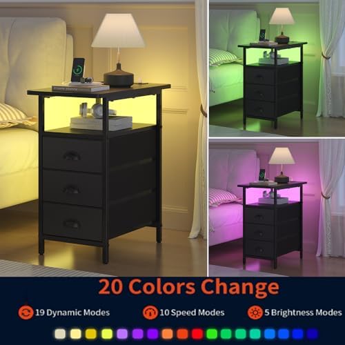sthmec End Table with Charging Station,LED Side Tables with USB Ports and Outlets,Narrow Nightstands Bedside Tables with 3 Drawers PU Finish for Small Space,Slim Sofa Table for Livingroom,Black - Image 6
