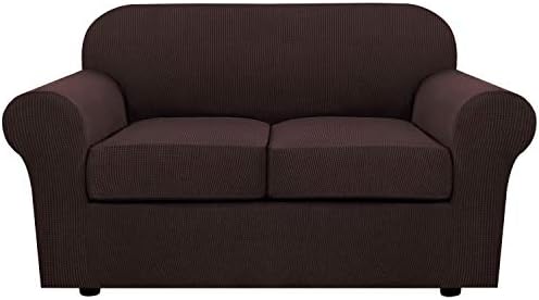 H.VERSAILTEX 3 Piece Stretch Sofa Covers for 2 Cushion Loveseat Couch Covers for Living Room Sofa Slipcovers (Base Cover Plus 2 Seat Cushion Covers) Thicker Jacquard Fabric(Medium Sofa, Chocolate) by HVERSAILTEX