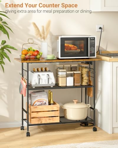Kitchen Island with Power Outlet, Rolling Kitchen Cart with 6 Hooks and Protective Shelf, Microwave Stand on Lockable Wheels, Bakers Rack Coffee Bar for Dining, Living Room, Outdoor, Metal Frame - Image 3