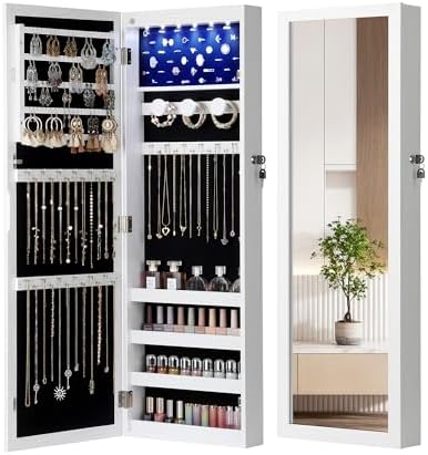 Nicetree 6 LEDs Jewelry Armoire, Hanging Mirror Jewelry Cabinet, White by Nicetree