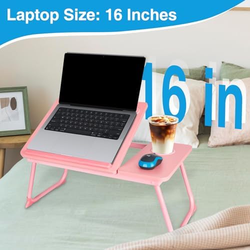 Laptop Bed Desk, Adjustable Lap Desk, Small Laptop Table with USB Charge Port, Desktop Card &Pen Slot, Cup Holder, Foldable Bed Tray Table for Couch Sofa Chair Floor Eating Working - Image 5