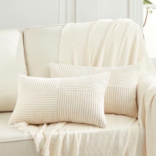 Fancy Homi 2 Packs Cream Lumbar Decorative Throw Pillow Covers 16x32 Inch for Living Room Couch Bed Sofa, Rustic Farmhouse Boho Home Decor, Soft Striped Corduroy Rectangle Accent Cushion Case 40x80 cm by Fancy+Homi