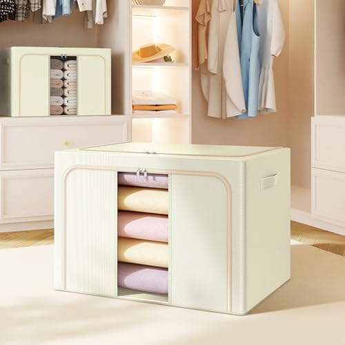 Clothes Storage Bins with Metal Frame, Foldable Clothes Organizers Storage Containers for Clothes, Sheets, Blankets, Pillows and Towels (24L, 3 Pack) Beige - Image 7