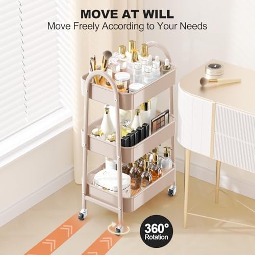 EAGMAK 3 Tier Rolling Cart, Large Metal Storage Cart with Handle and Lockable Wheels, Big Multifunctional Storage Organizer Trolley with Mesh Baskets for Kitchen, Living Room, Office, Garage (Beige) - Image 4