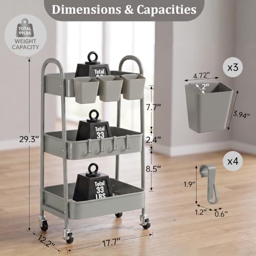 danpinera 3-Tier Rolling Cart, Metal Rolling Storage Cart with Lockable Wheels & Hanging Cups & Hooks, Mobile Trolley Cart for Kitchen, Bathroom, Office, Workshop, Gray - Image 2
