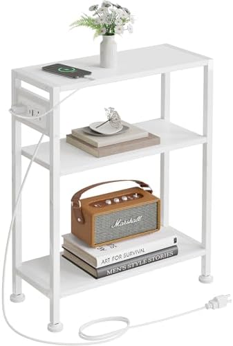 End Table with Charging Station, 3-Tier Side Table for Small Space, Skinny Nightstand with USB/Type C Port and 2 Outlets, Slim Sofa Beside Table for Living Room, Bedroom and Balcony, White by VANTIMO