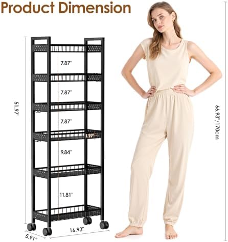 6 Tier Slim Storage Cart, Narrow Rolling Cart with Wheels, 6in(W) - Image 2
