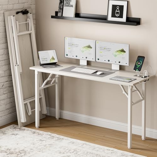 Frylr Small Folding Computer Desk – 55.1 Inch Portable Table for Craft and Study, Lightweight Desk for Small Spaces, Foldable Laptop Table Built-in AC/USB Outlets for Convenience, White Ash by Frylr