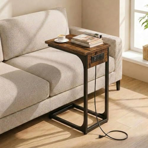 TEMI C Shaped End Table for Couch with Charging Station, Small Side Table TV Tray for Eating or Laptop, Accent Desk for Sofa or Chair, Space Saving Living Room Bedroom, Rustic Brown by TEMI