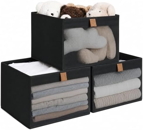 StorageWorks Closet Storage Bins with Clear Window, Black, 3-Pack by StorageWorks