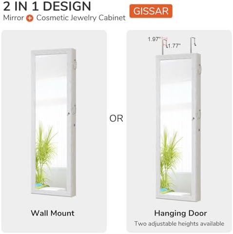 GISSAR Jewelry Mirror Armoire Wall Mount Over The Door Mirror Jewelry Cabinet Storage Mirror Organizer Lockable Full Length Door Mirror(White Oak) - Image 7