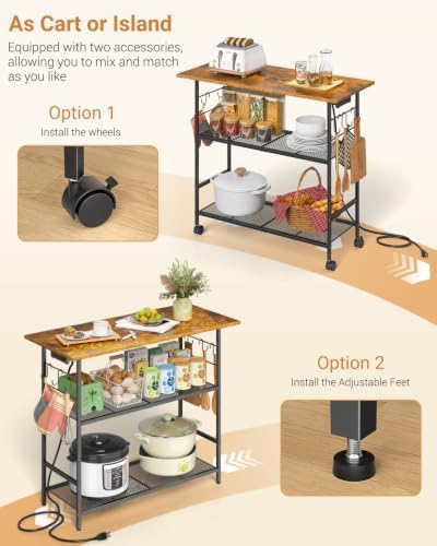 Kitchen Island with Power Outlet, Rolling Kitchen Cart with 6 Hooks and Protective Shelf, Microwave Stand on Lockable Wheels, Bakers Rack Coffee Bar for Dining, Living Room, Outdoor, Metal Frame - Image 7