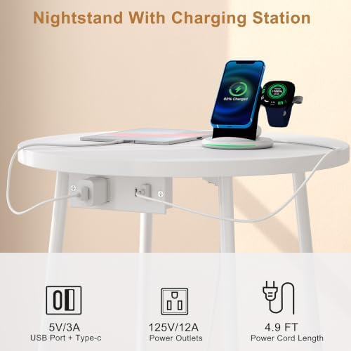 sthmec Small Round Side End Table with Storage and Charging Station, 2 Tier Round Bedside Sofa Couch Coffee Tables with Tray, Metal Nightstand for Small Spaces, Living Room Bedroom, White - Image 5