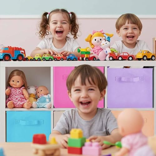 Yinder 4 Pcs Cube Storage Bin 10.5''x10.5''x11'' Storage Bins for Playroom Decor Colorful Bins for Kids Purple Foldable Baskets for Nursery Organizer Boxes Fabric Boxes(Blue, Purple, Pink, Rose Red) - Image 4
