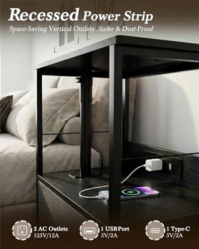 Faesun Swivel Lift Top Nightstand with Charging Station, Rolling Side Table for Recliner, Bedside Table with Wheels & 2 Fabric Drawers, for Small Spaces, for Bedroom, Living Room, Black Gray - Image 4