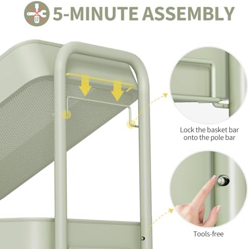 TOOLF 4 Tier Rolling Cart, Metal Utility Storage Cart with Pegboard, Green | 2 Bins & 4 Hooks, Screwless Assembly, Lockable Wheels, Trolley Organizer for Bathroom, Kitchen, Office, Dorm, Craft Room - Image 5
