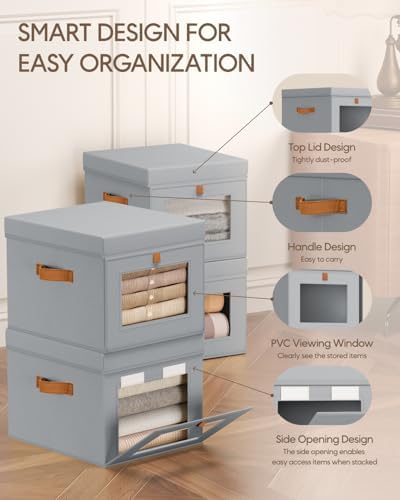 Homsorout Storage Bins with Lid – Closet Organizer with Side Opening and Clear Window, Foldable Stackable Fabric Basket for Clothes, Home, Office - 13.77" x 11.8" x 9.8", 6 Pack, Grey - Image 2