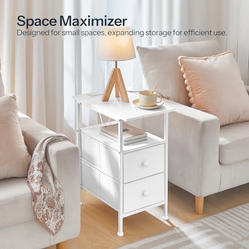 HOOBRO End Table with Charging Station, Narrow Side Table, Nightstand with 2 Non-Woven Drawers, Slim Sofa Side Table, for Small Spaces, Living Room, Bedroom, White WT486UBZ01 - Image 4
