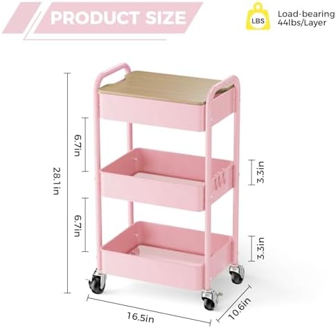 3-Tier Rolling Cart with Table Top, Metal Utility Cart on Wheels - Image 2