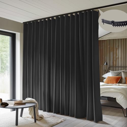 MaKefeile Room Divider Curtains with Flexible Ceiling Curtain Tracks Set,100% Blackout Floor to Ceiling Curtains Patio Sliding Door Curtains (Black Drape & Black Rail W 15 × H 7 FT) by Makefeileshade