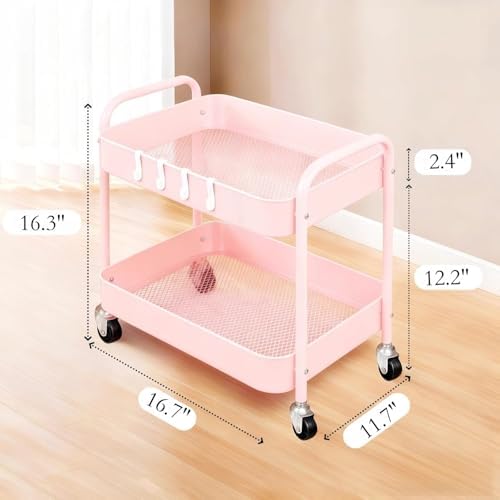 Pink 2 Tier Rolling Cart Metal with Wheels Under Desk Storage Cart for Small Space Organization, Small Trolley for Pantry Room Laundry Bathroom Kitchen Office Art Snack Baby Supplies - Image 5