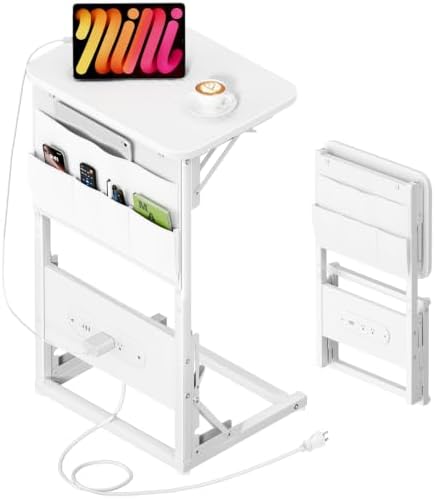 HLDIRECT C Shaped End Table with Charging Station & Storage Bag White by HLDIRECT