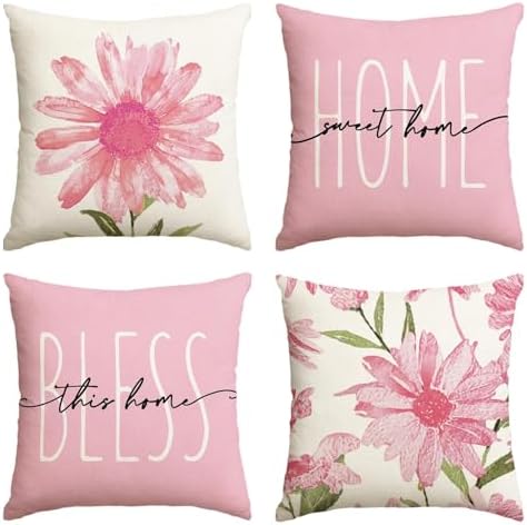 AVOIN colorlife Home Sweet Home Spring Summer Flowers Pink Throw Pillow Covers, 20 x 20 Inch Cushion Case for Sofa Couch Set of 4 by AVOINcolorlife