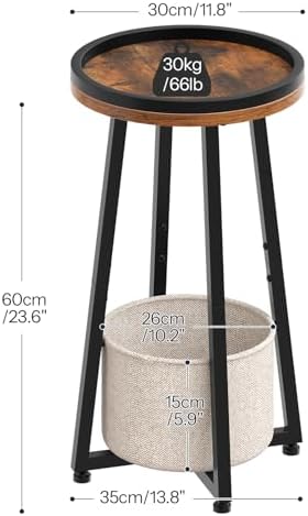 HOOBRO Small Round Side Table, 2-Tier Round Sofa End Table, Compact Nightstand with Cotton Linen Storage Basket, for Small Space, Living Room, Bedroom, Dorm, Rustic Brown BF183BZ01 - Image 3